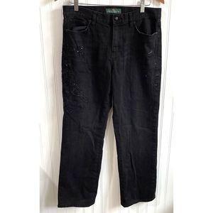 LRL Ralph Lauren Jeans Womens 10 Black Classic Straight‎ Floral Embroidered